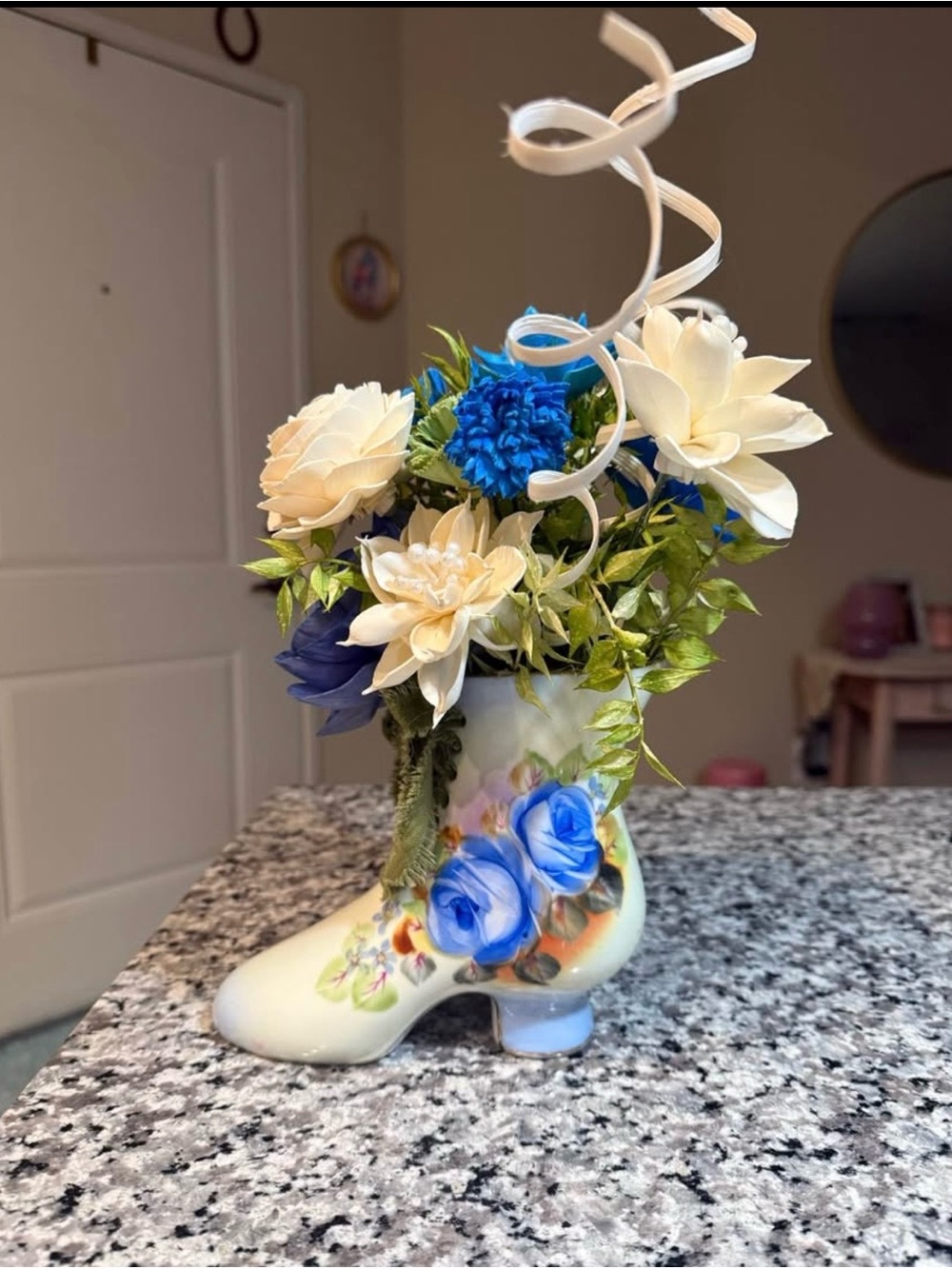 Porcelain Floral Boot Vase with Blue & Cream Flowers